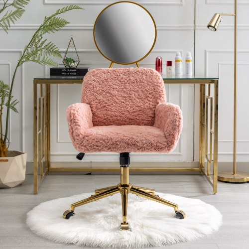 A&A Furniture Office Chair,Artificial rabbit hair Home Office Chair with Golden Metal Base,Adjustable Desk Chair Swivel Office Chair,Vanity Chair(Orange)、、casual
