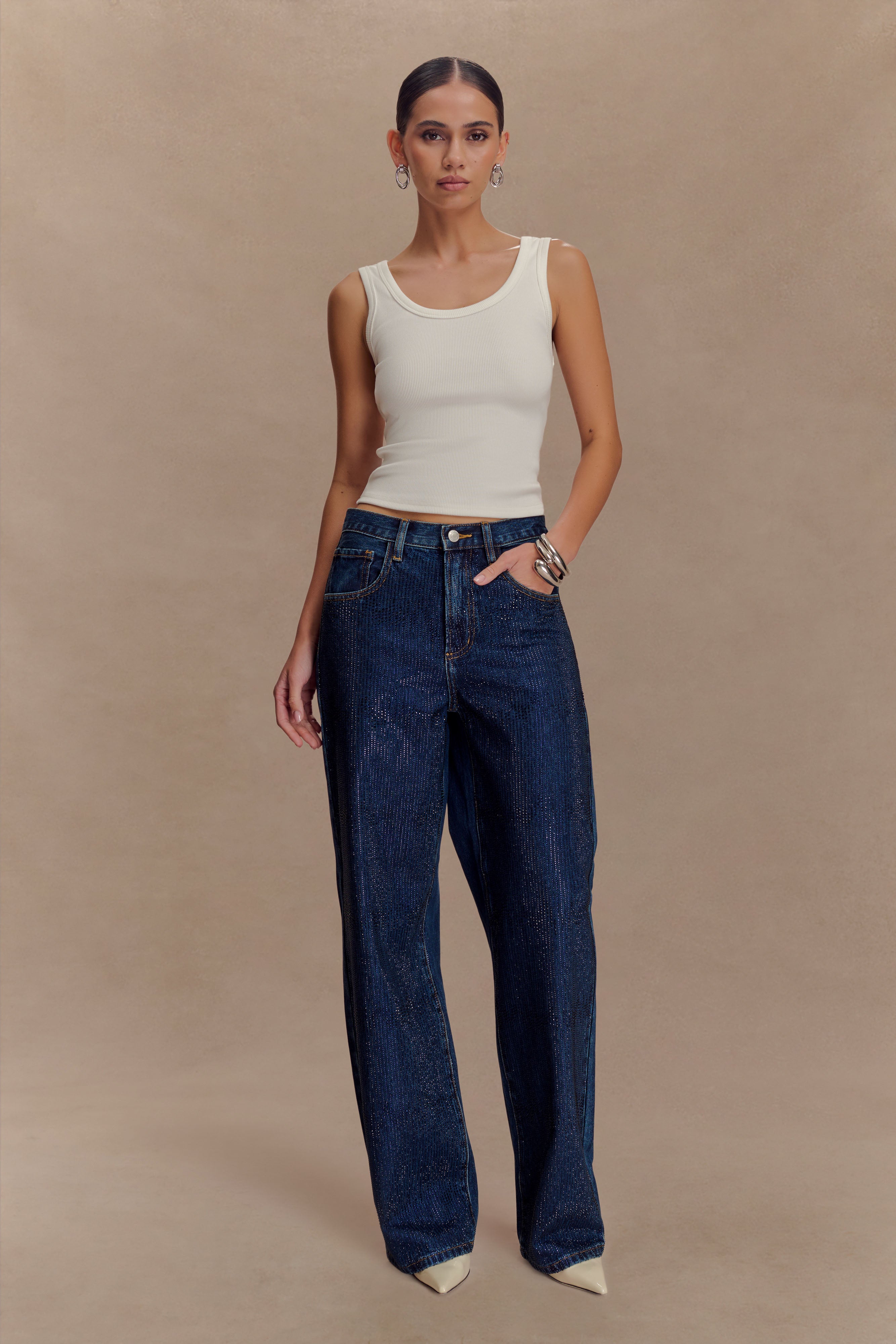 Laina Mid Rise Diamante Denim Jeans - Midnight Blue、mySite、solidvoid