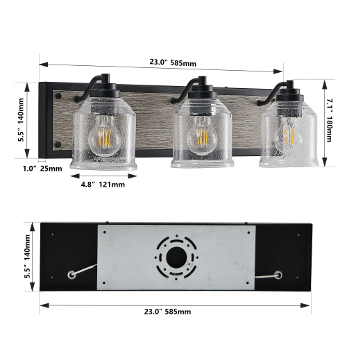 40&quot; Farmhouse Vanity Light Fixture, 5-Light Bathroom Wall Sconce with Clear Seeded Glass Shades, Black and Wood Grain Finish, Modern Industrial Design for Bathroom or Powder Room (No Bulbs)、、eastwooduniform