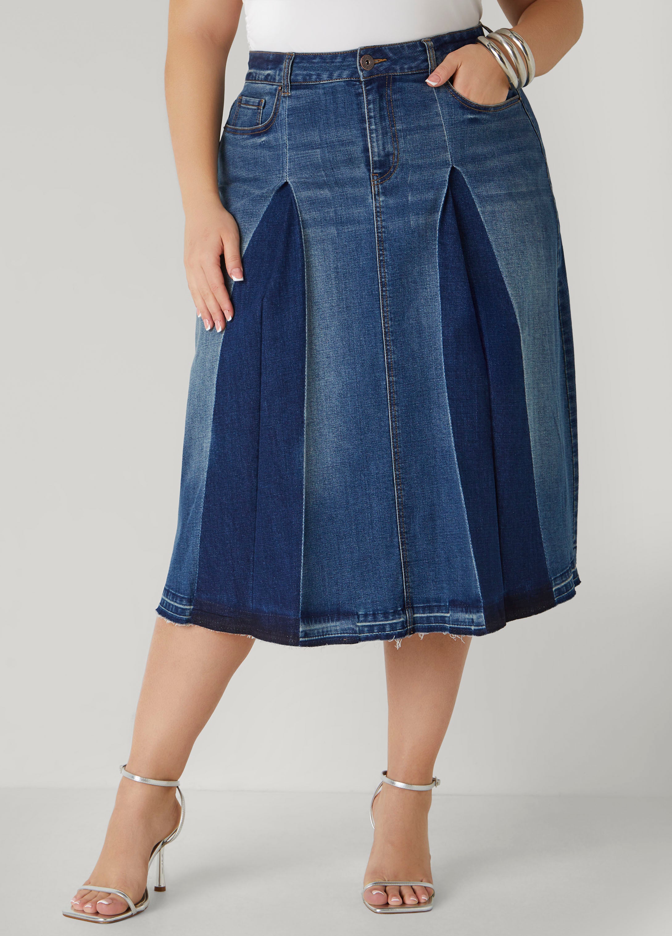 Frayed Pleated Denim Midi Skirt、mySite、bengalsvssteelers