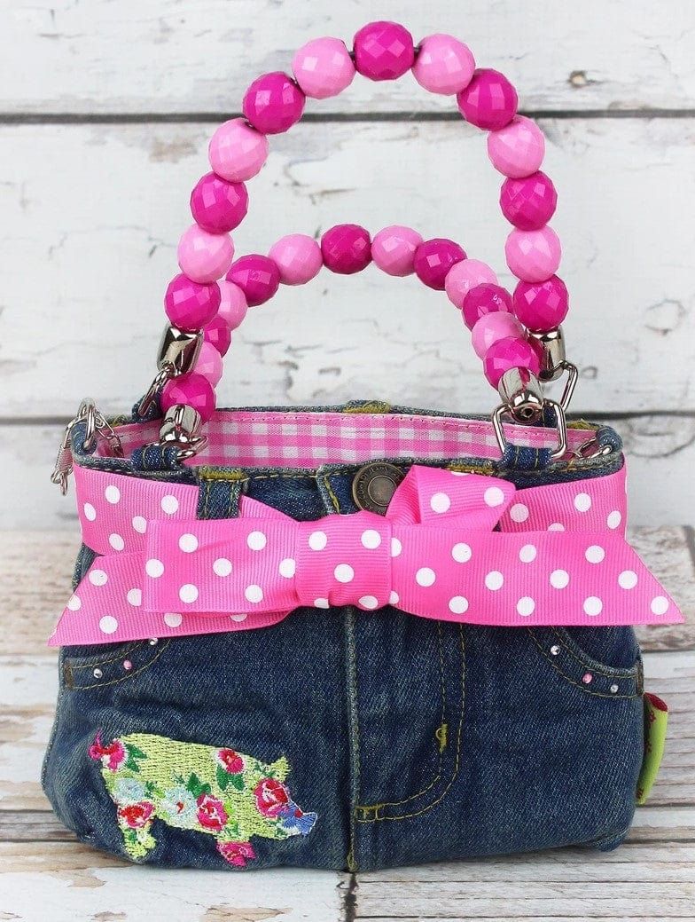 Girls Pink Pig Denim Handbag with Pink Beaded Handles and Bows、mySite、g9winljtr