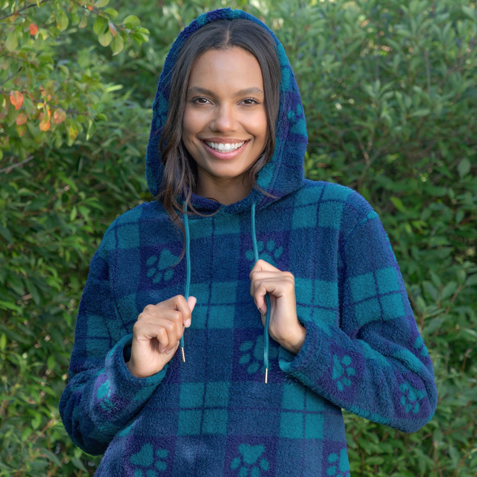 Large Check Plaid Paws Plush Sherpa Fleece Hoodie、mySite、camillekostekn