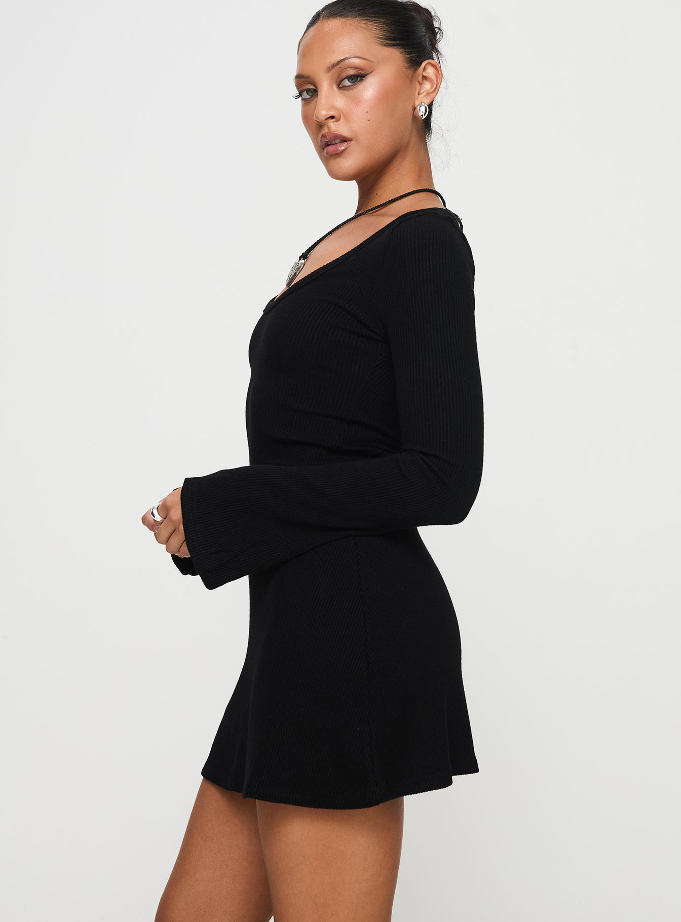 Best Interest Long Sleeve Mini Dress Black、mySite、solidvoid