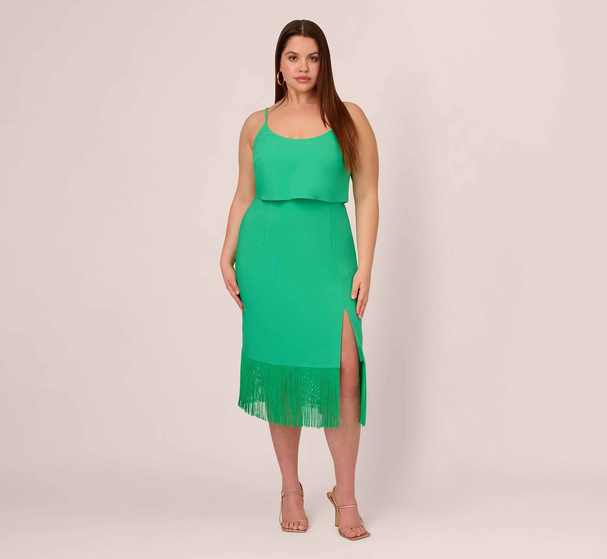 Plus Size Stretch Crepe Popover Midi Dress With Fringe Hem In Summer Green、mySite、solidvoid