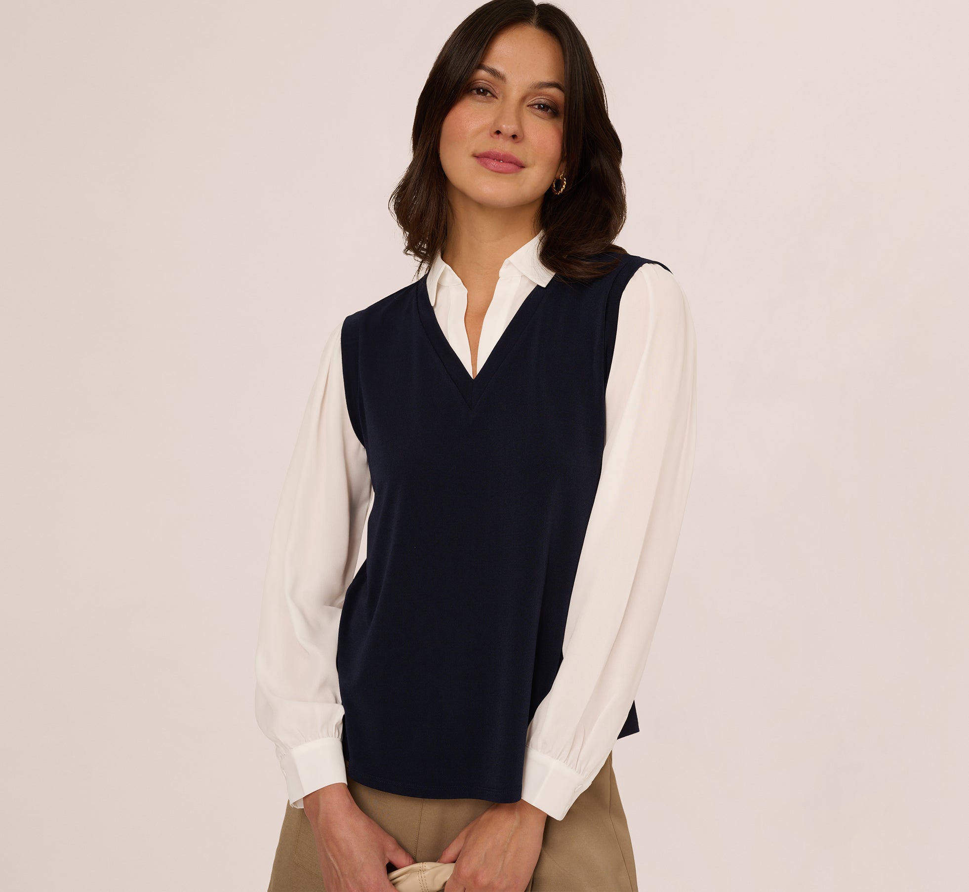 Long Sleeve Collared Sweater Vest Twofer Top In Navy Ivory、mySite、solidvoid