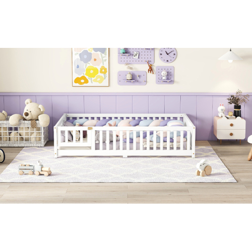 Twin Size Bed Floor Bed with Safety Guardrails and Door for Kids, Natural(Old SKU: W158090686)、、casual