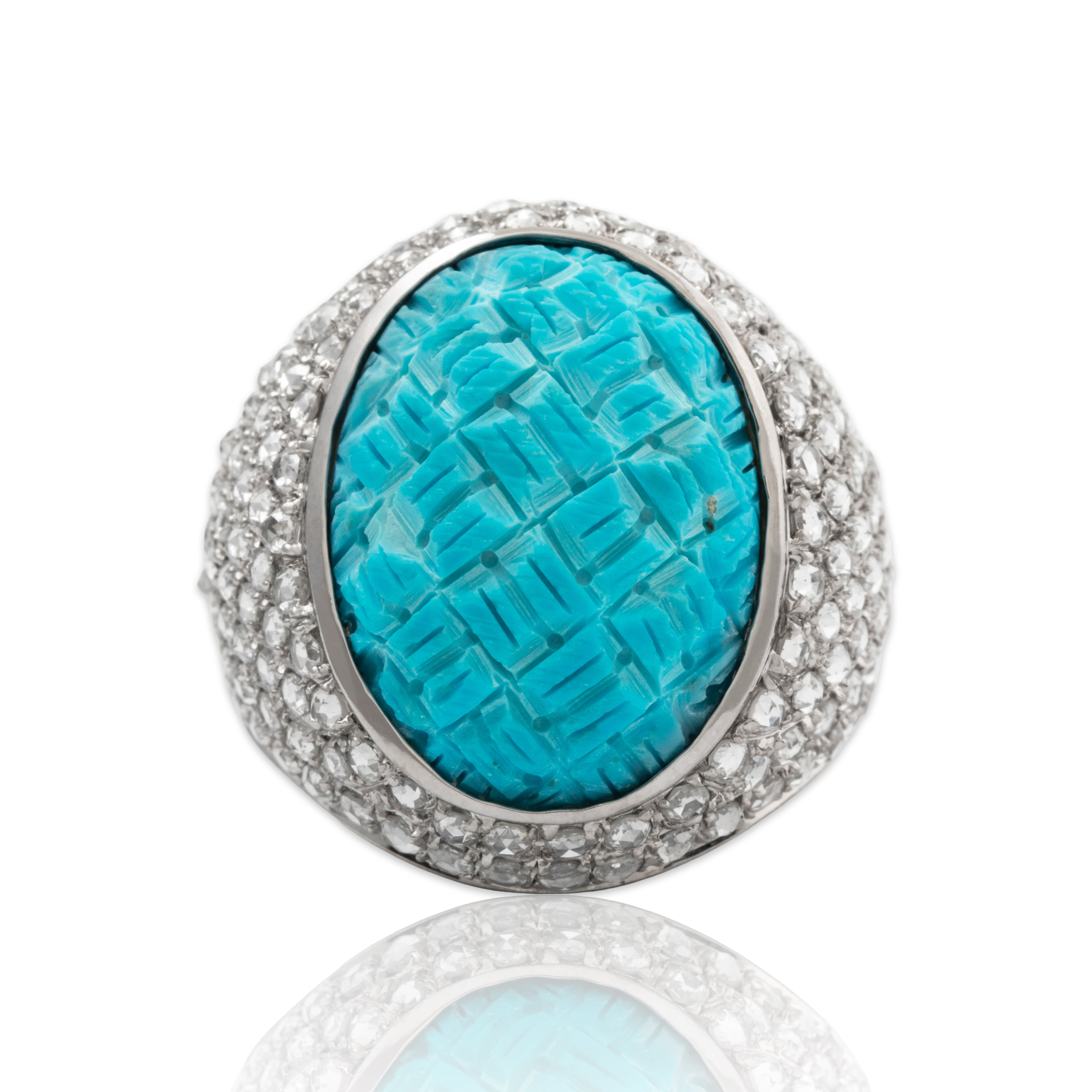 Vintage Heavy 18k White Gold 14ct Carved Turquoise 1.65cttw Diamond Ring 7.00、mySite、hinf8tx79