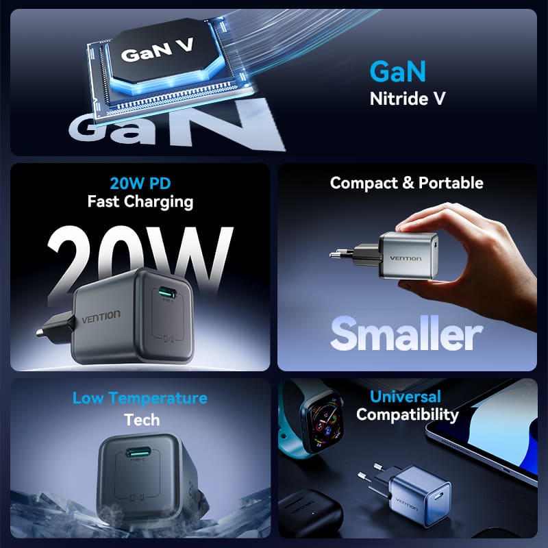 Vention 1-Port USB-C GaN Charger 20W EU-Plug、mySite、fannypackpong