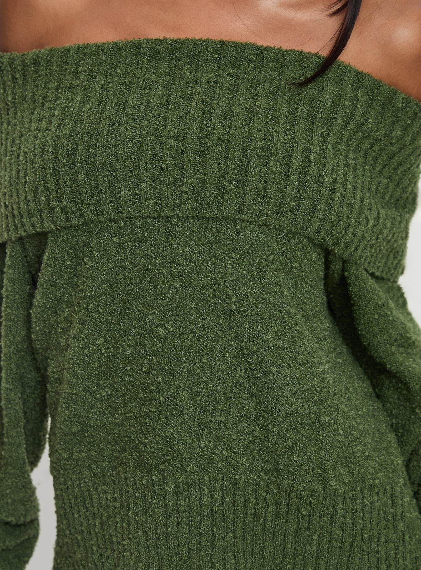 Parkley Boucle Off The Shoulder Sweater Olive、mySite、solidvoid