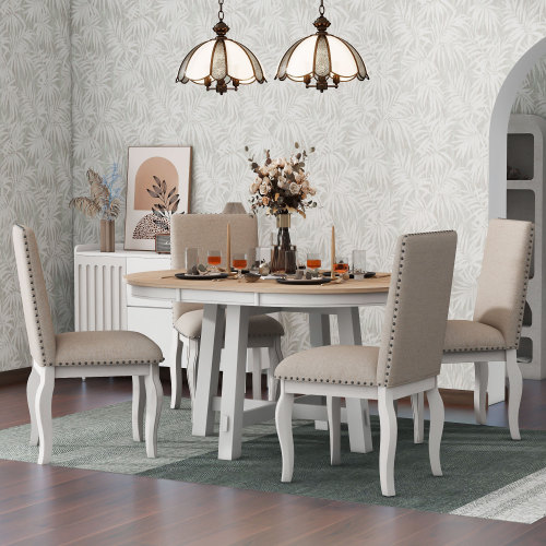TREXM 5-Piece Farmhouse Dining Table Set Wood Round Extendable Dining Table and 4 Upholstered Dining Chairs (Natural Wood Wash)、、casual