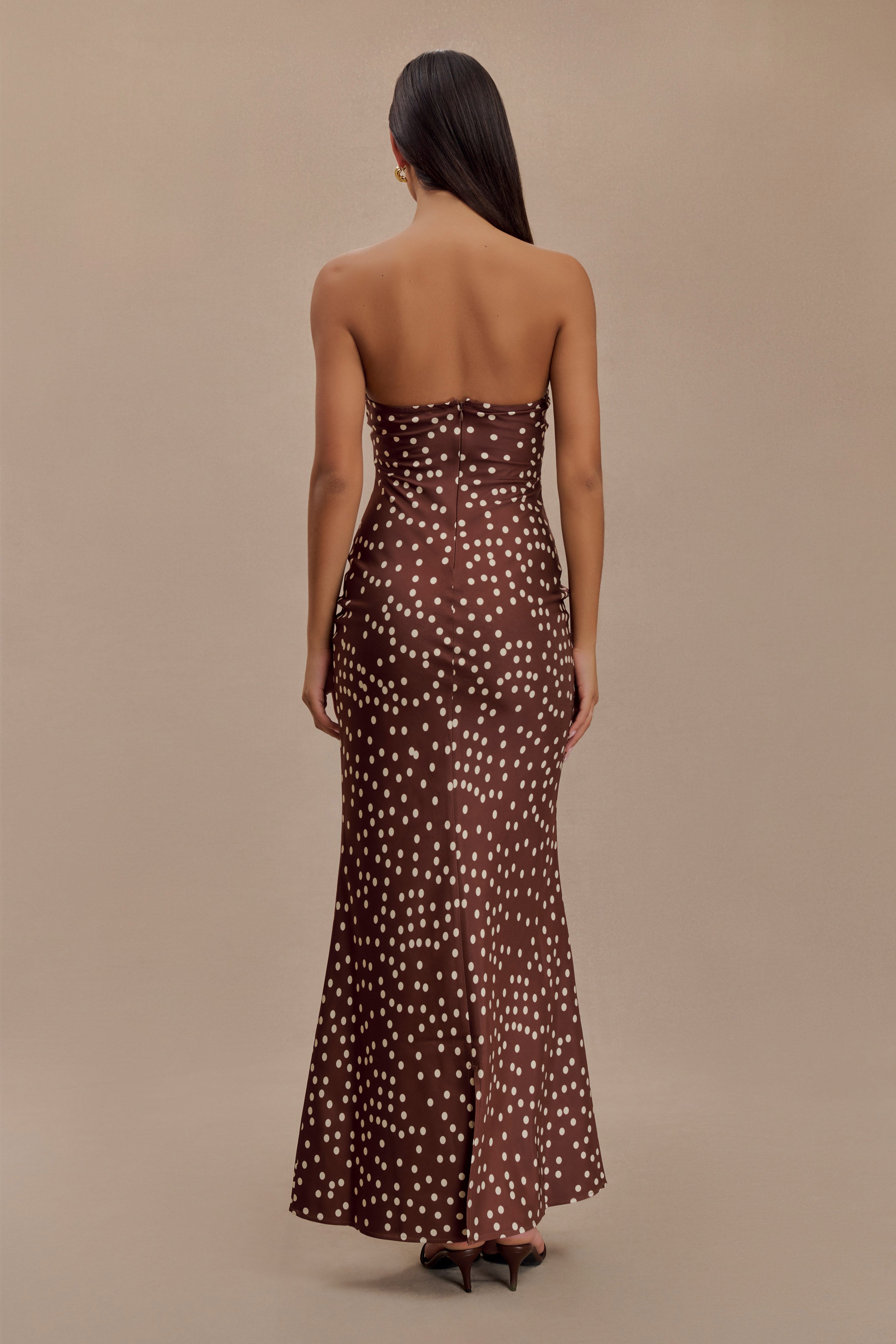 Claudette Strapless Satin Maxi Dress - Brown Polka Dot Print、mySite、solidvoid