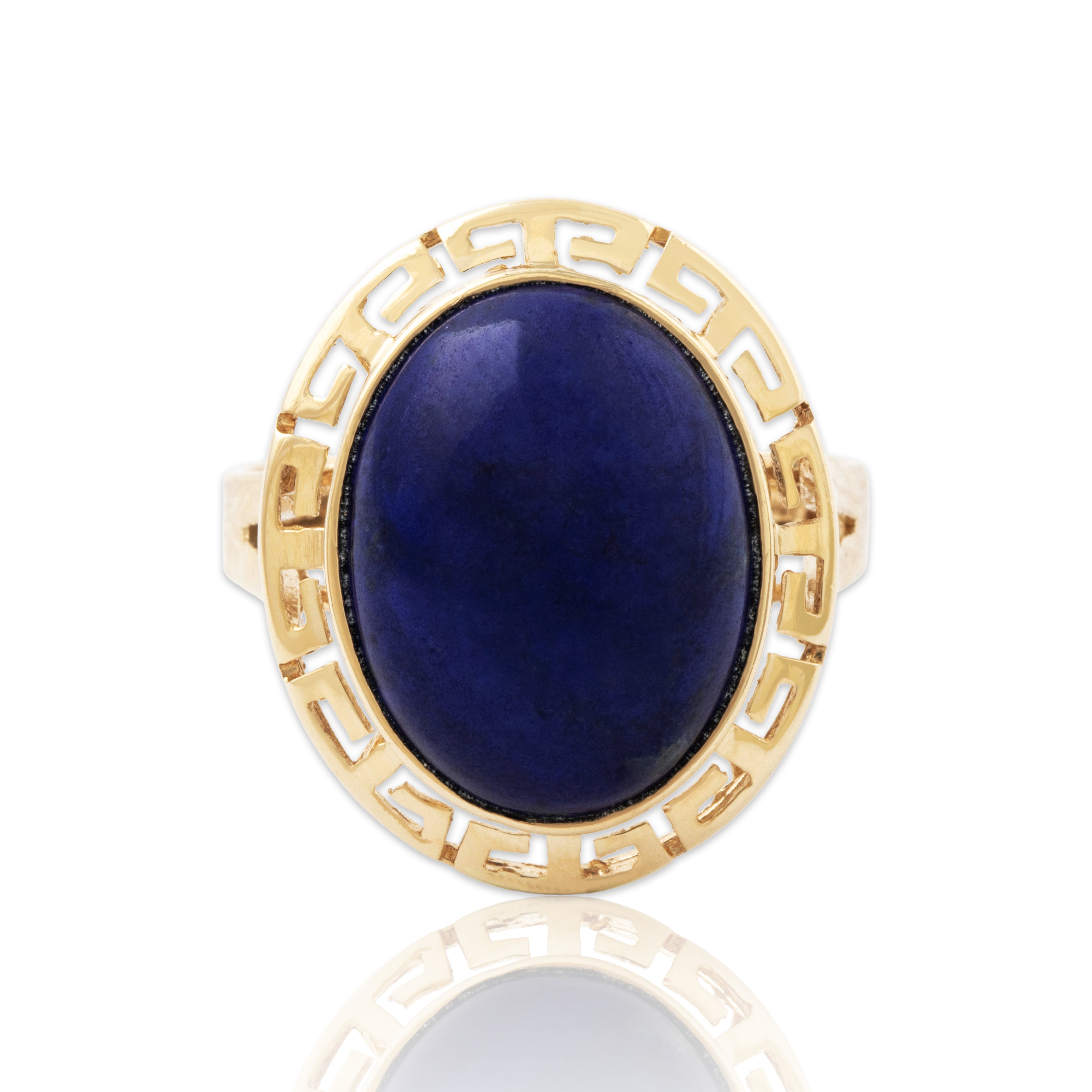 Vintage 14k Yellow Gold 6.8ct Lapis Lazuli Greek Key Border Cocktail Ring 8.25、mySite、hinf8tx79