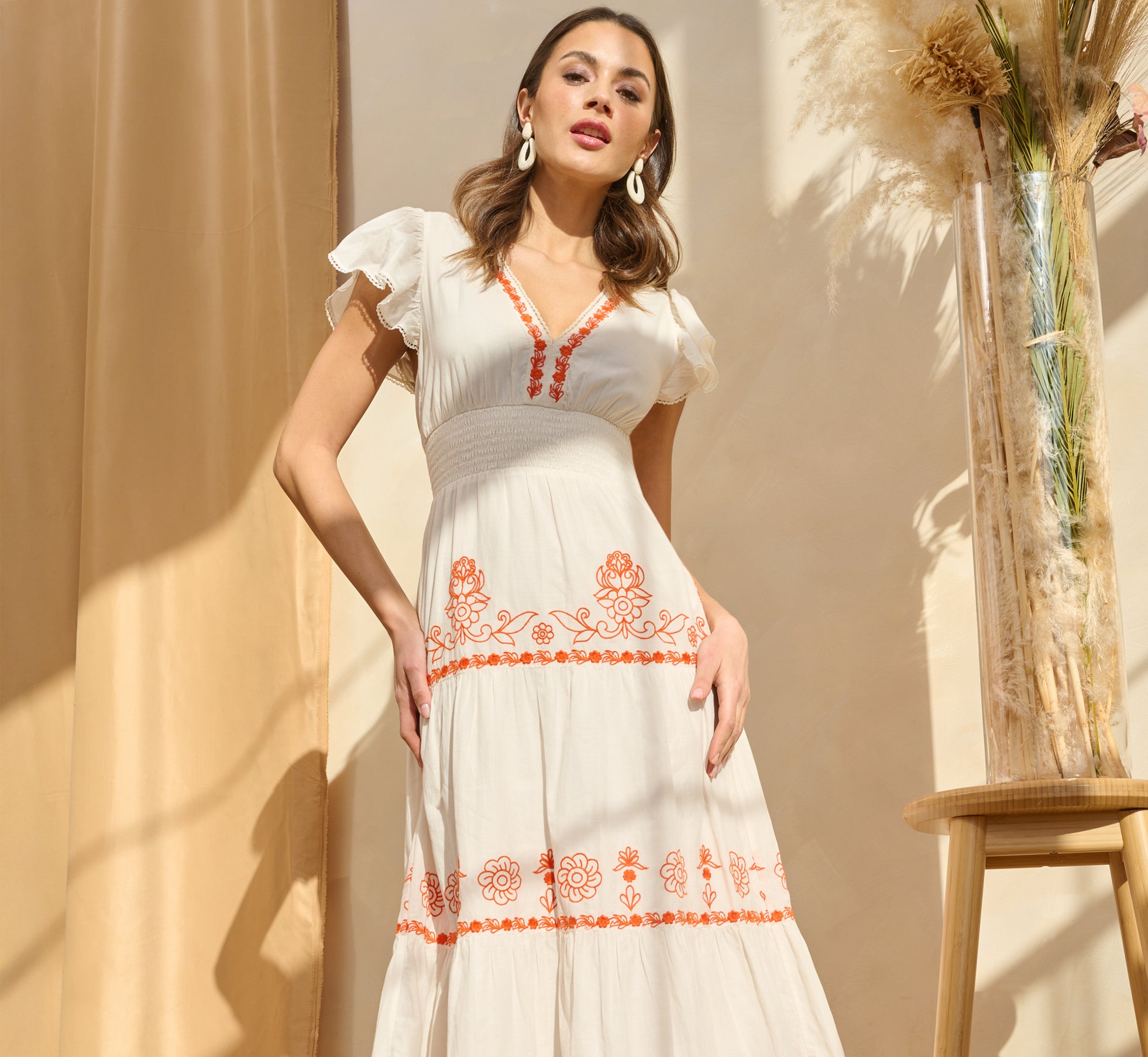 Embroidered Flutter Sleeve Tiered Midi Dress In Ivory Red Multi、mySite、solidvoid