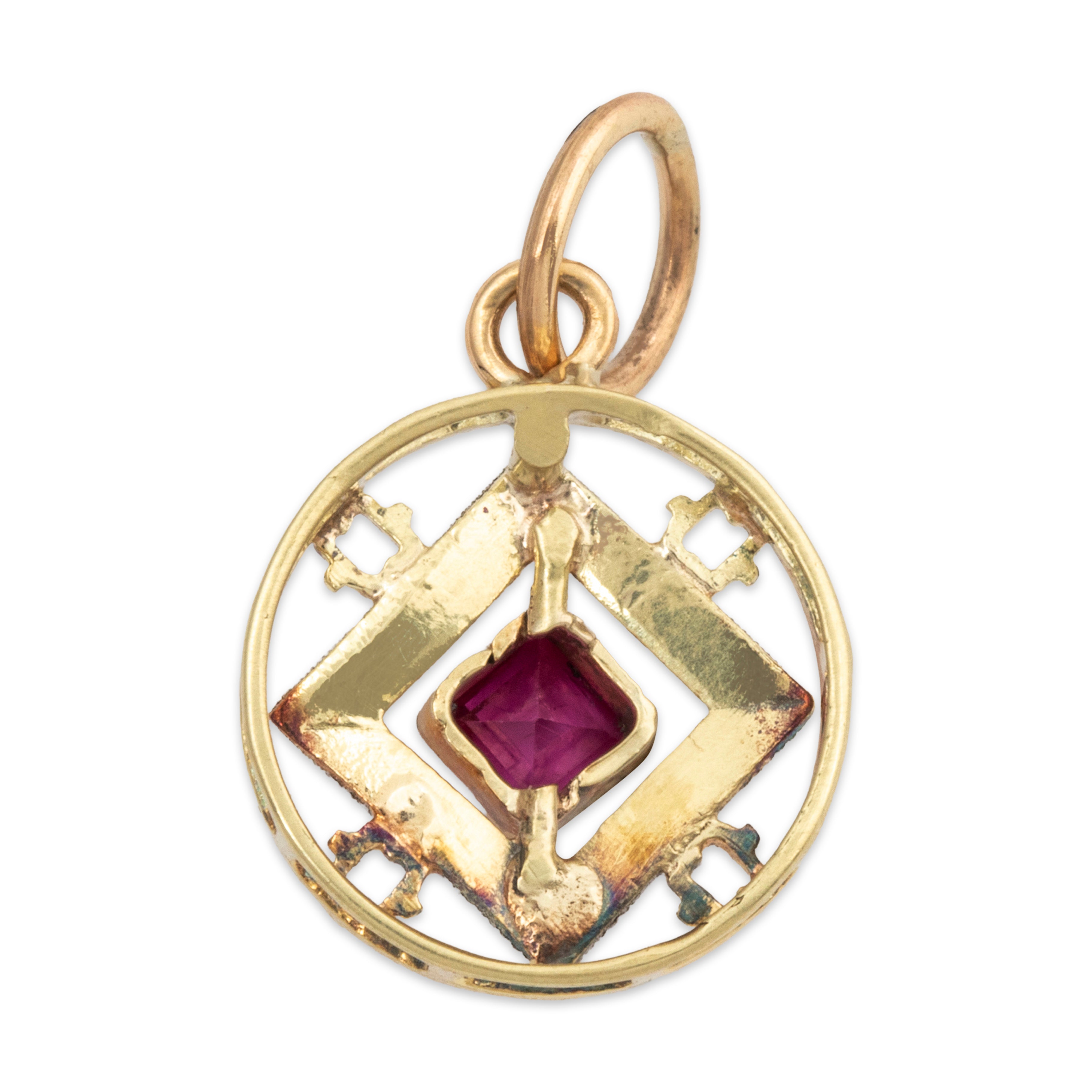 Antique 14k Yellow Gold Synthetic Ruby Art Deco Charm Pendant、mySite、hinf8tx79