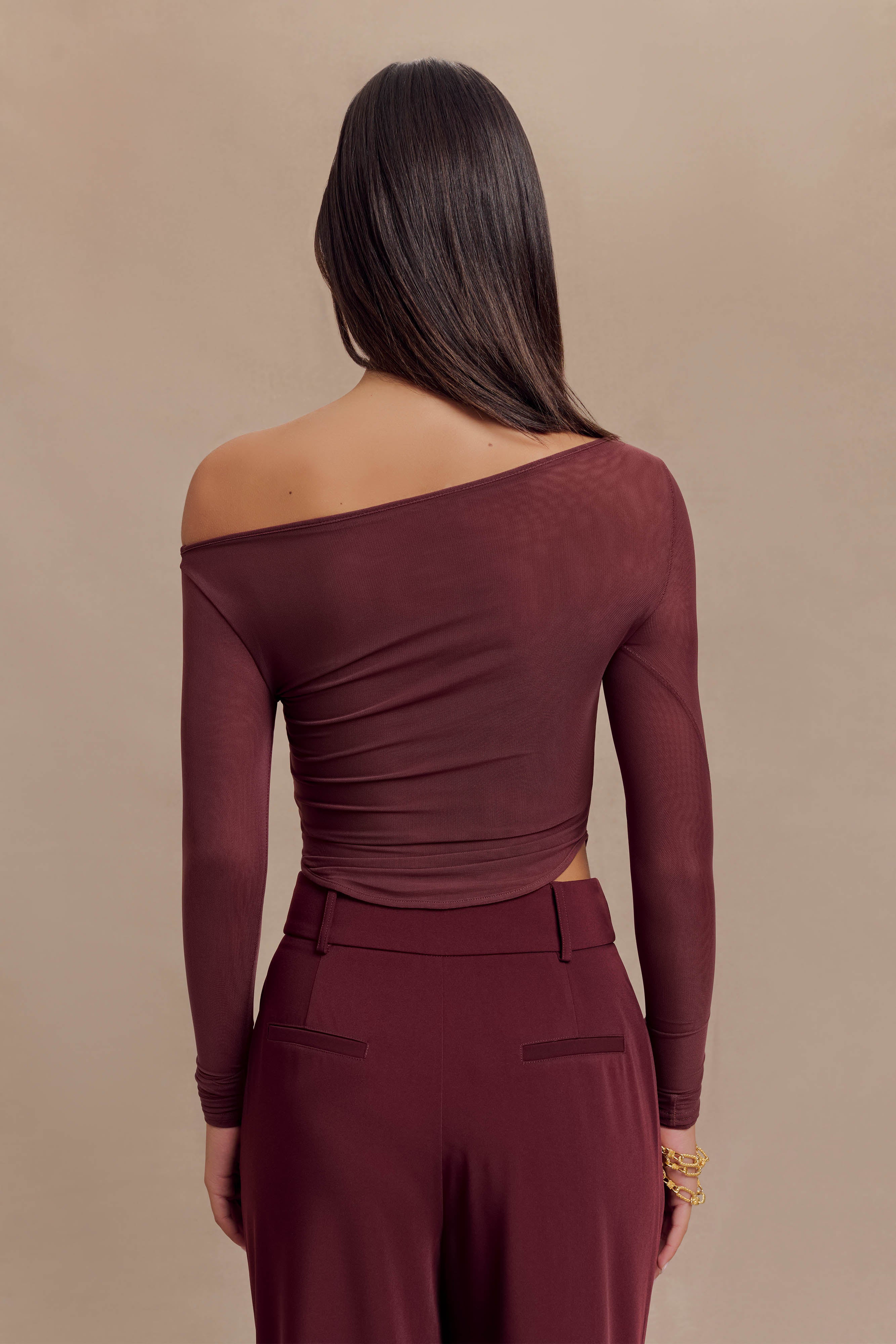 Colette Boat Neck Mesh Top - Mahogany、mySite、solidvoid