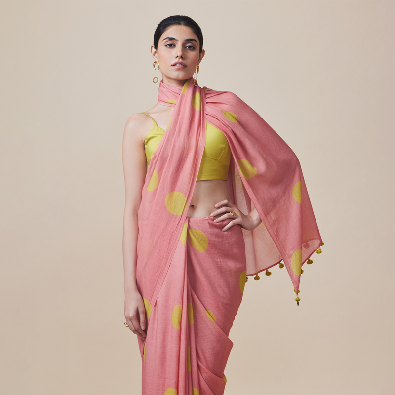 Cotton Solid Saree with Blouse | Polka Dots | Pink & Lime yellow、mySite、camillekostekn