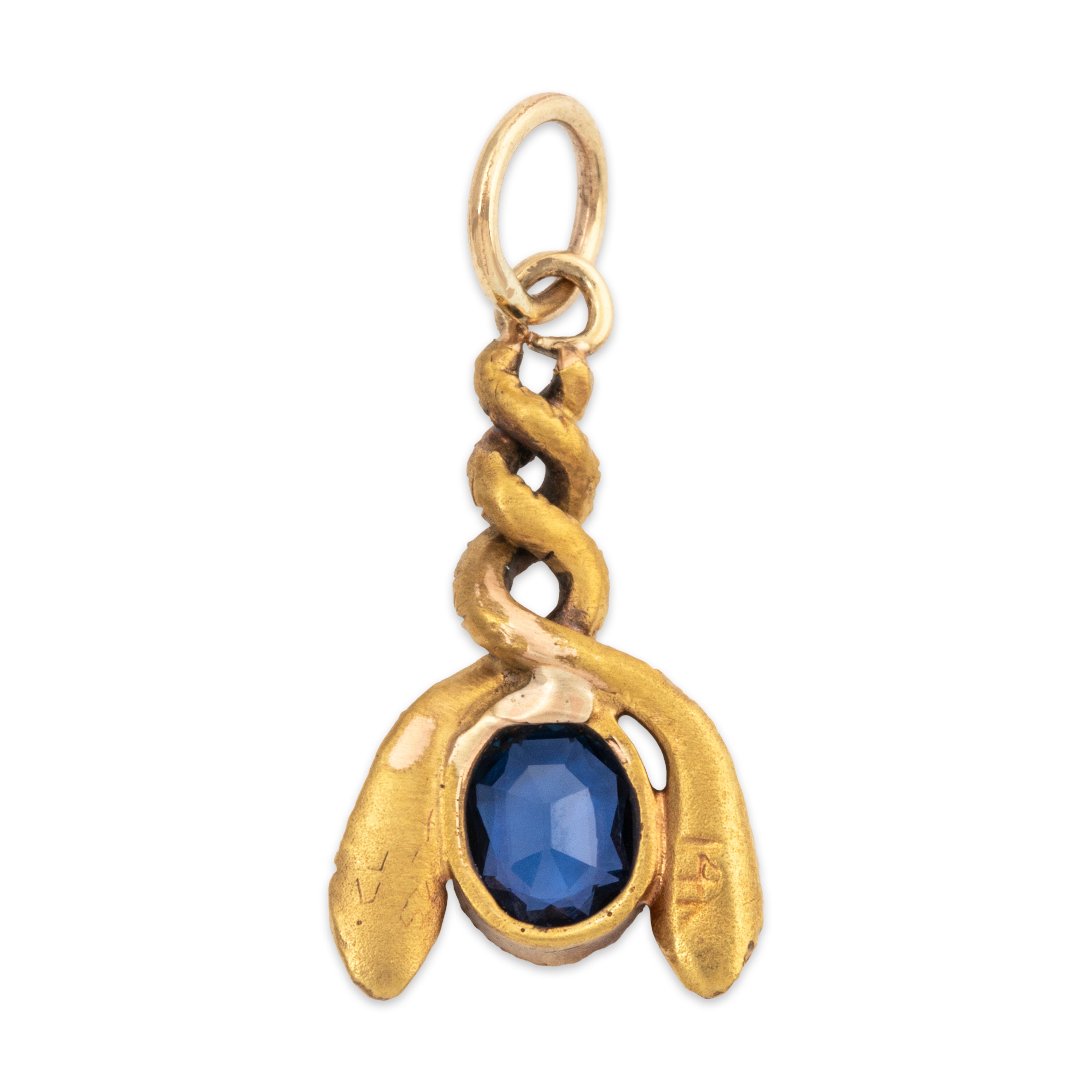 Antique 14k Yellow Gold Blue Synthetic Sapphire Dancing Snakes Charm Pendant、mySite、hinf8tx79