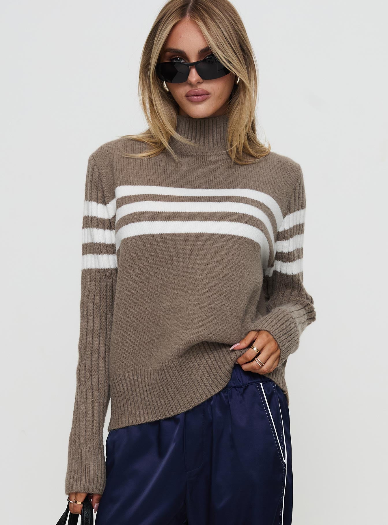Bessemer Funnel Neck Knit Sweater Mocha Stripe、mySite、solidvoid