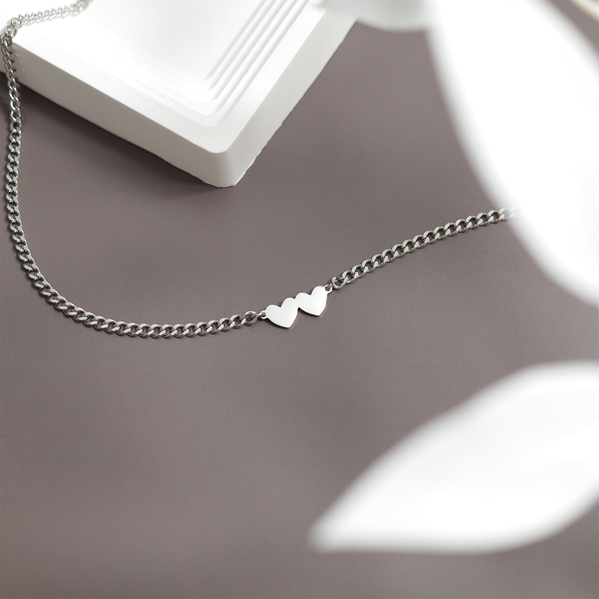 18K Gold PVD Stainless Steel Engravable 2 Hearts on Curb Chain Necklace / SBB0364、mySite、dreamappss