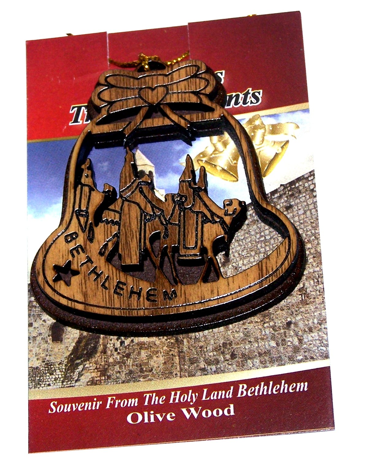 Holy Land Market Two Layers Mahogany with Olive Wood Magi Ornament Gift Carved by Laser - Olive Wood - Bell Shape (6.5 cm or 2.6 inch with Certificate) and Gold String、mySite、topwebapps
