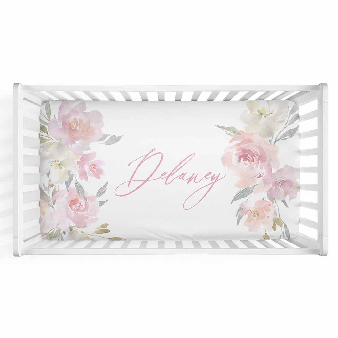  Delaney's Dusty Blush Floral Personalized Crib Sheet、mySite、layawaytickets