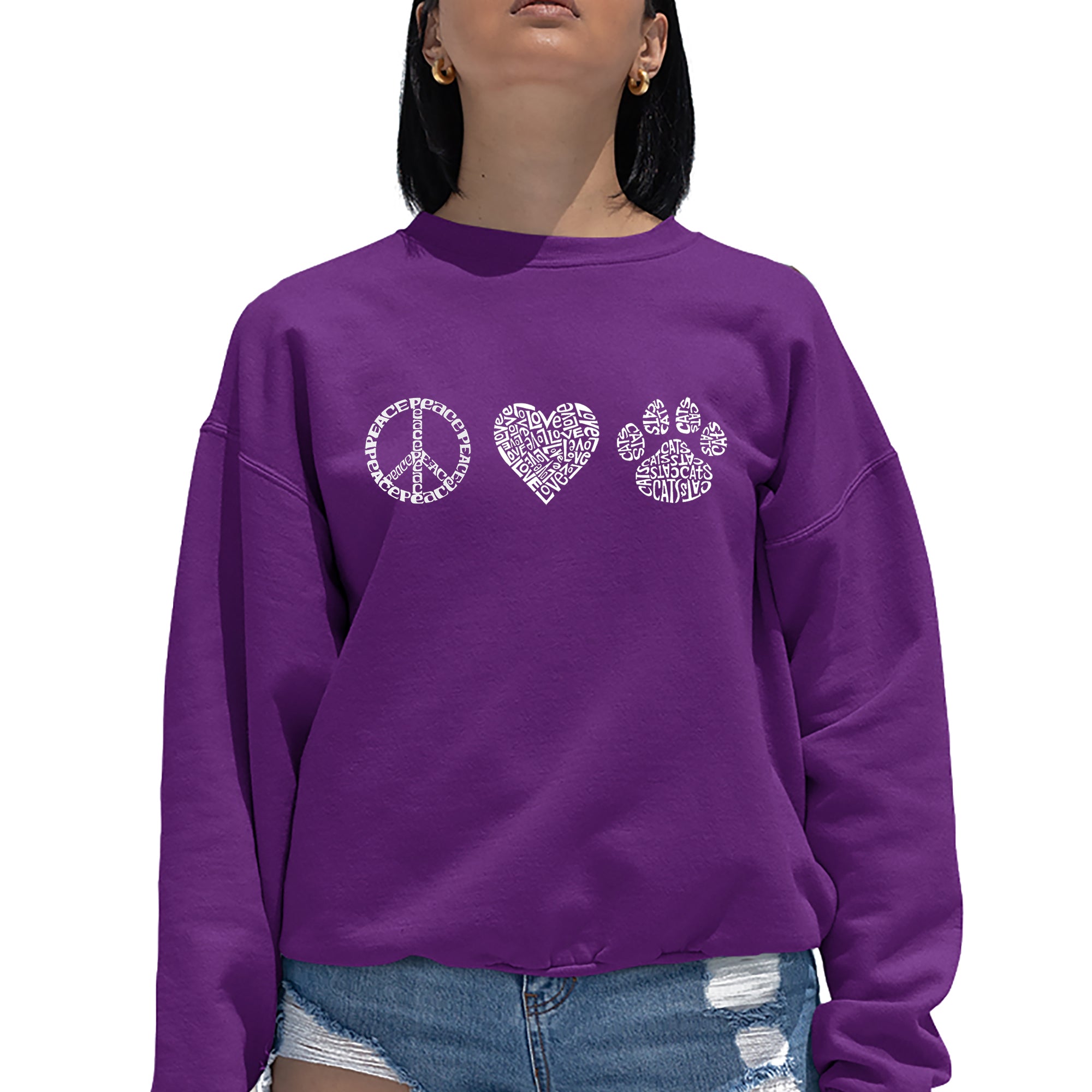 Peace Love Cats - Women's Word Art Crewneck Sweatshirt、mySite、camillekostekn
