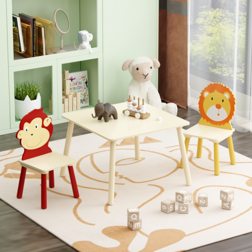 Kids Table and 2 Chairs Set, 3 Pieces Toddler Table and Chair Set, Wooden Activity Play Table Set (Lion&Monkey)、、casual