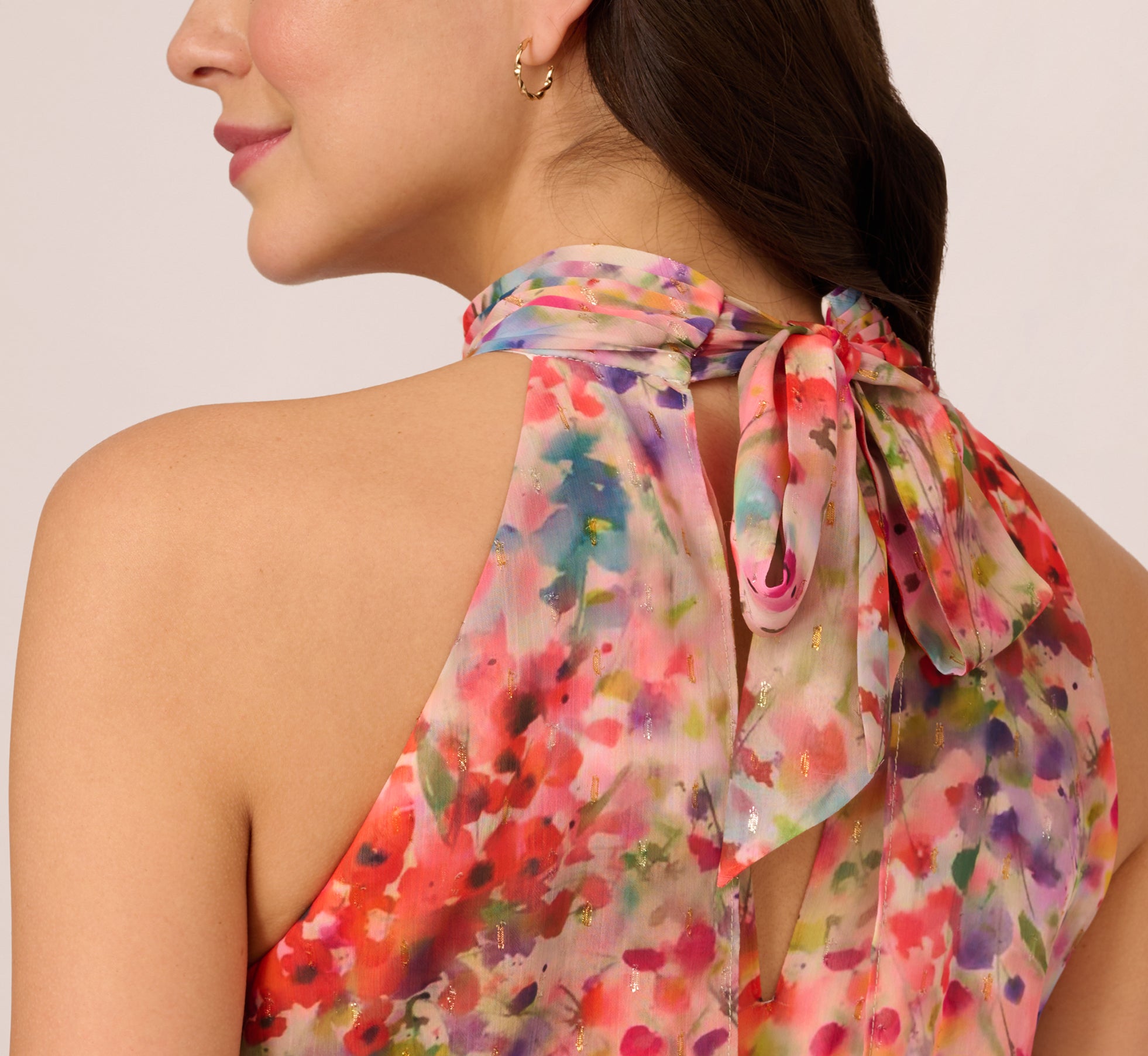 Floral Chiffon Halter Midi Dress With Blouson Bodice In Red Multi、mySite、solidvoid