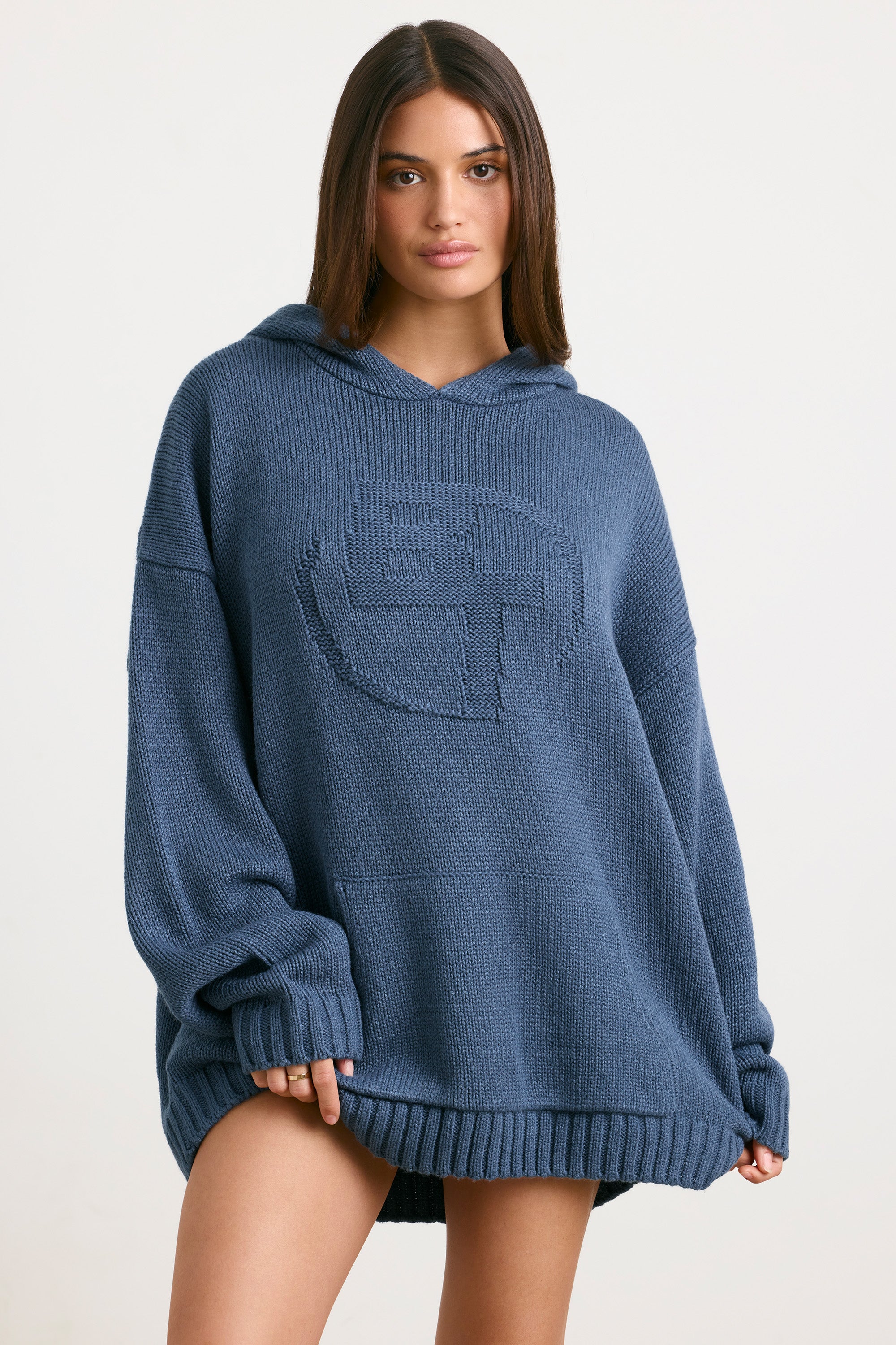 Oversized Chunky Knit Hoodie in Washed Navy、mySite、solidvoid