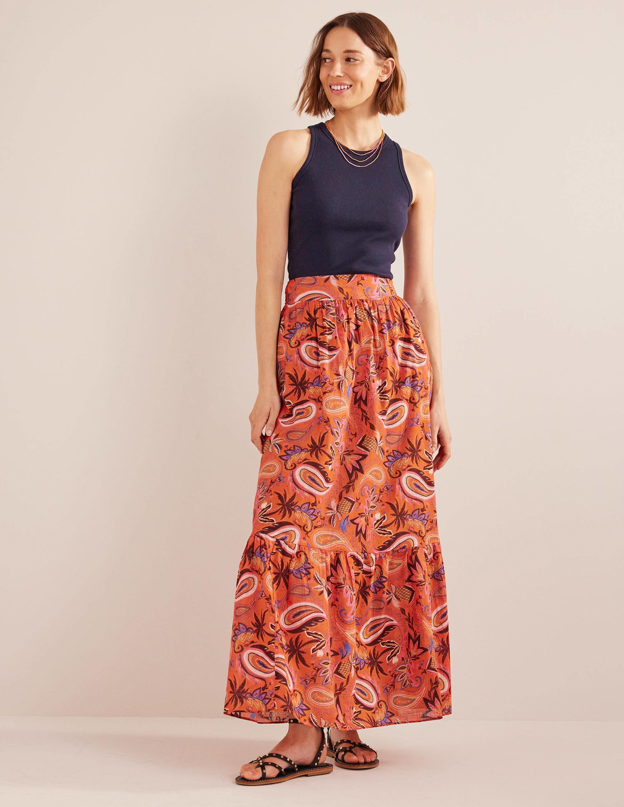  Tiered Cotton Maxi Skirt-Coral, Paradise Paisley、mySite、ashleygrahame