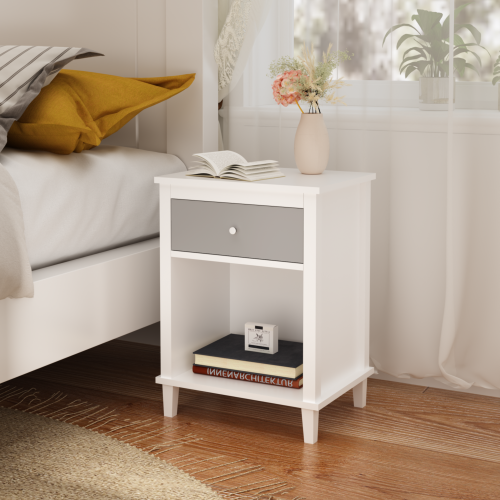26.77''H Wooden Nightstand with One Drawer One Shelf for Kids, Adults, White+Golden handle、、casual