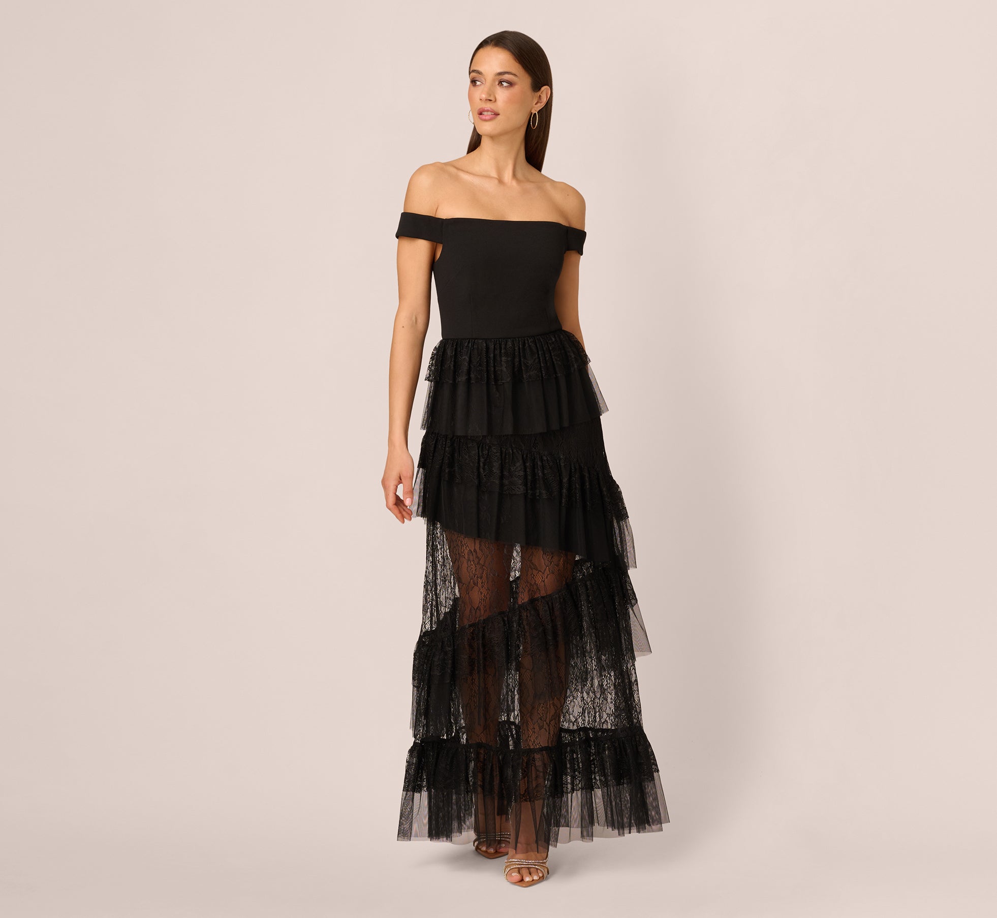 Off Shoulder Lace Ruffle Combo Gown In Black、mySite、solidvoid