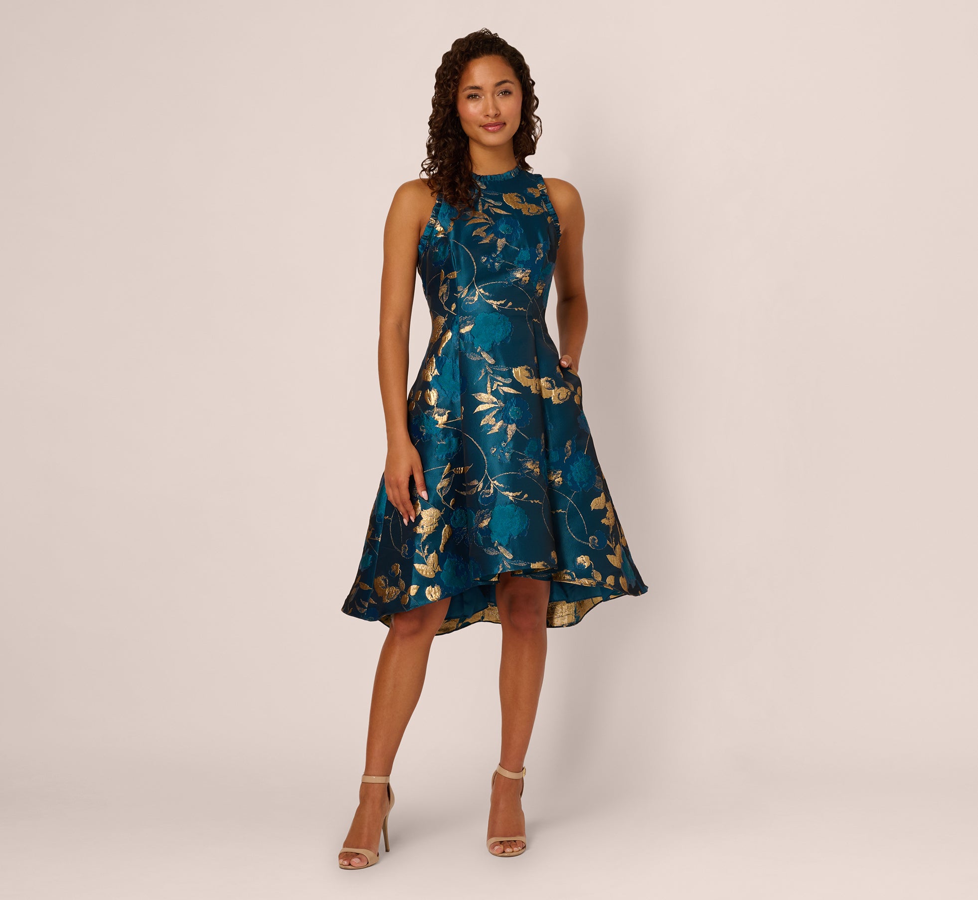 Sleeveless Metallic Vine Jacquard Midi Dress In Teal Sapphire Gold、mySite、solidvoid