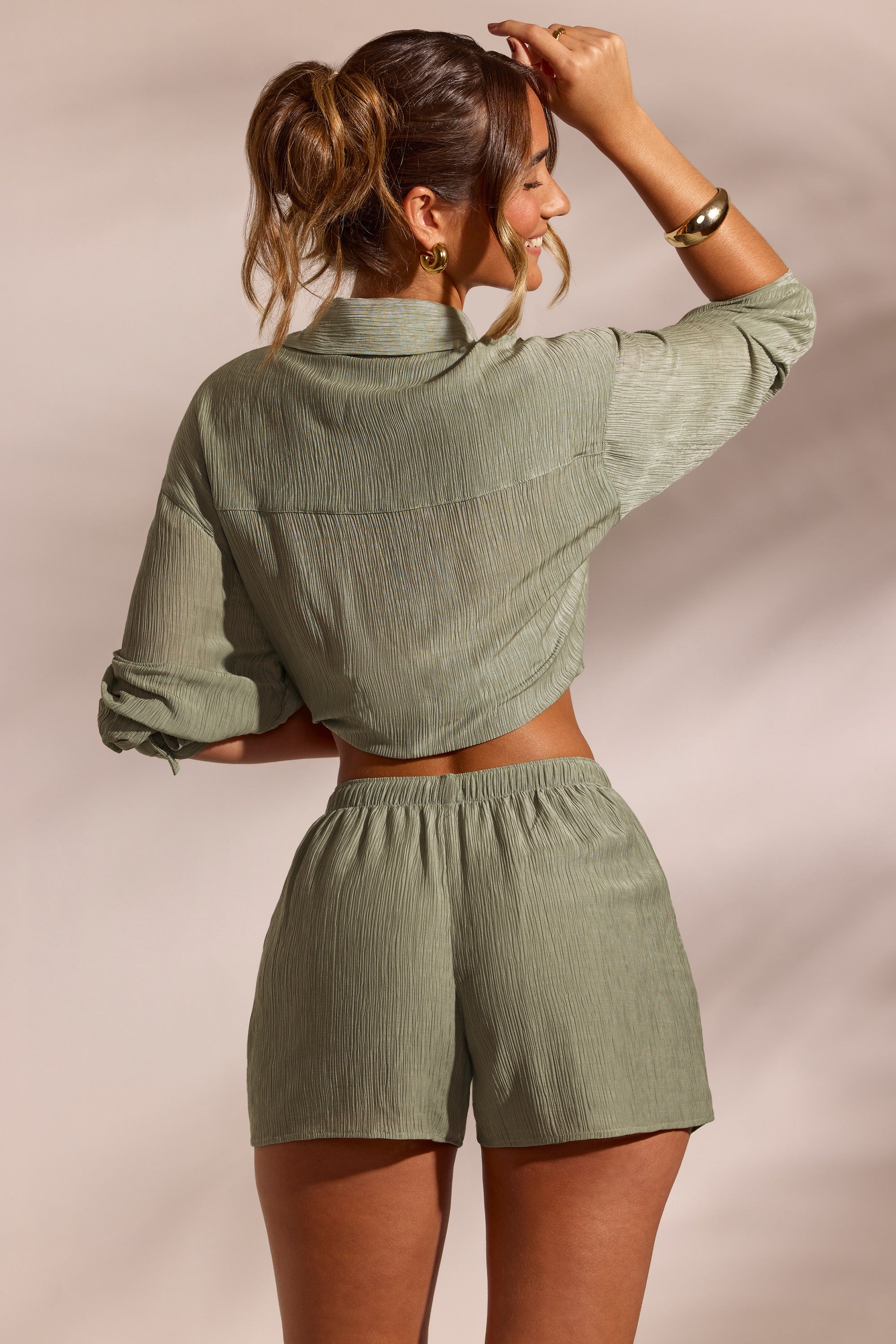 Crinkle Textured Beach Shorts in Light Green、mySite、solidvoid