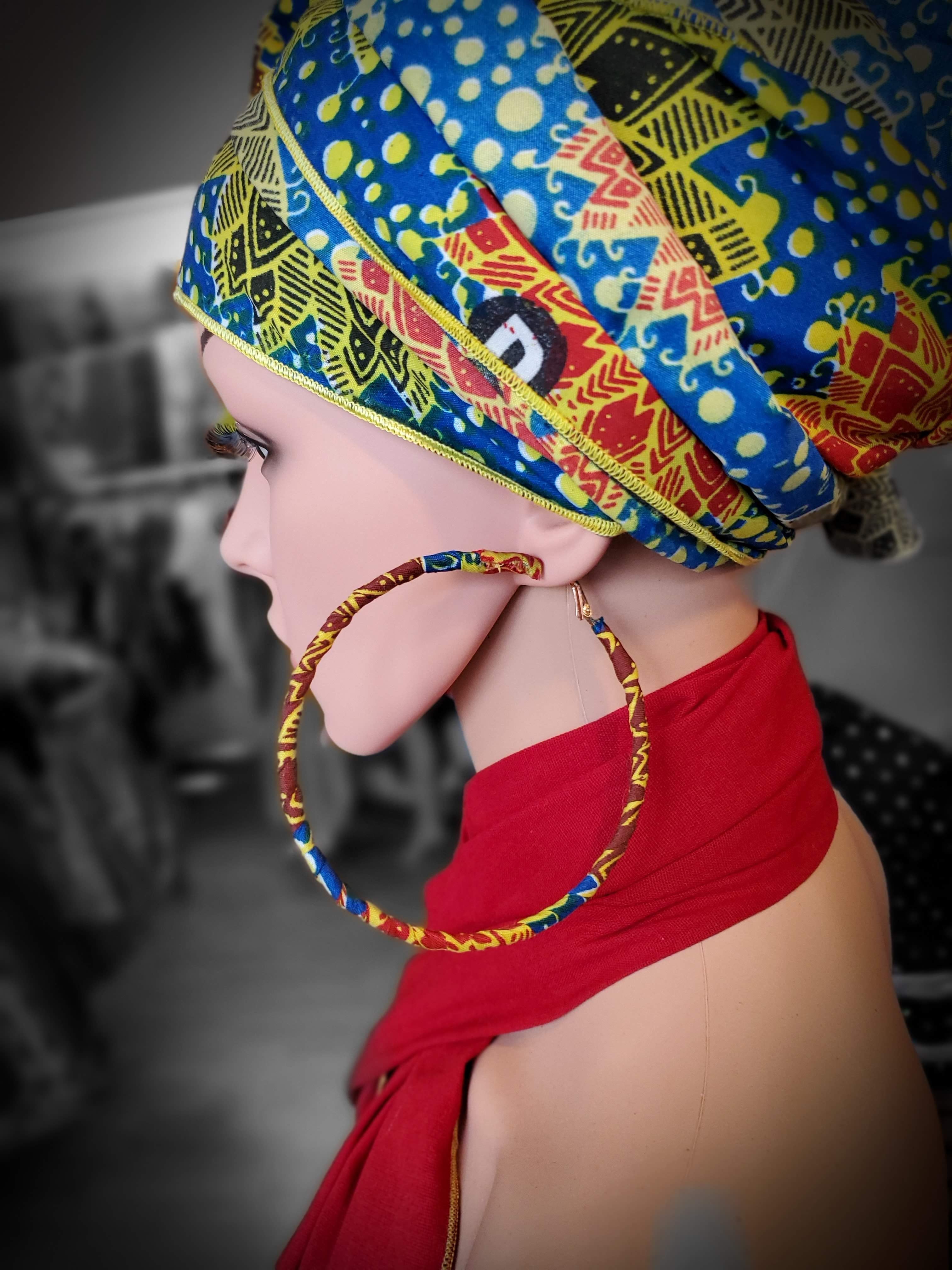 Dupsie's Green Red Blue Peacock African Print Wrapped Hoop Earrings-DPJ3846、mySite、solidvoid
