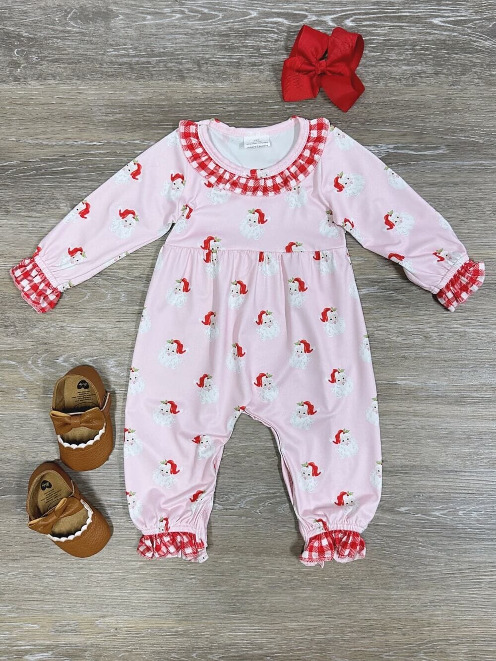 Christmas Santa Claus Pink Ruffle Trim Girls Baby Romper、mySite、camillekostekn