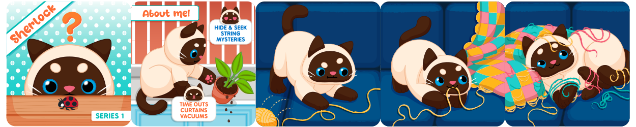 Comic of a white MewMews plush by Aurora: Sherlock the Siamese kitty plush loves to roll around and play!