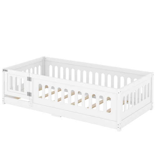 Twin Size Floor Bed with Heightened Safety Guardrails and Door, Solid Wood Bedframe with Rails for Girls, Boys, Teens, Child Bedroom, Kids Playroom, No Slats Included, White、、casual