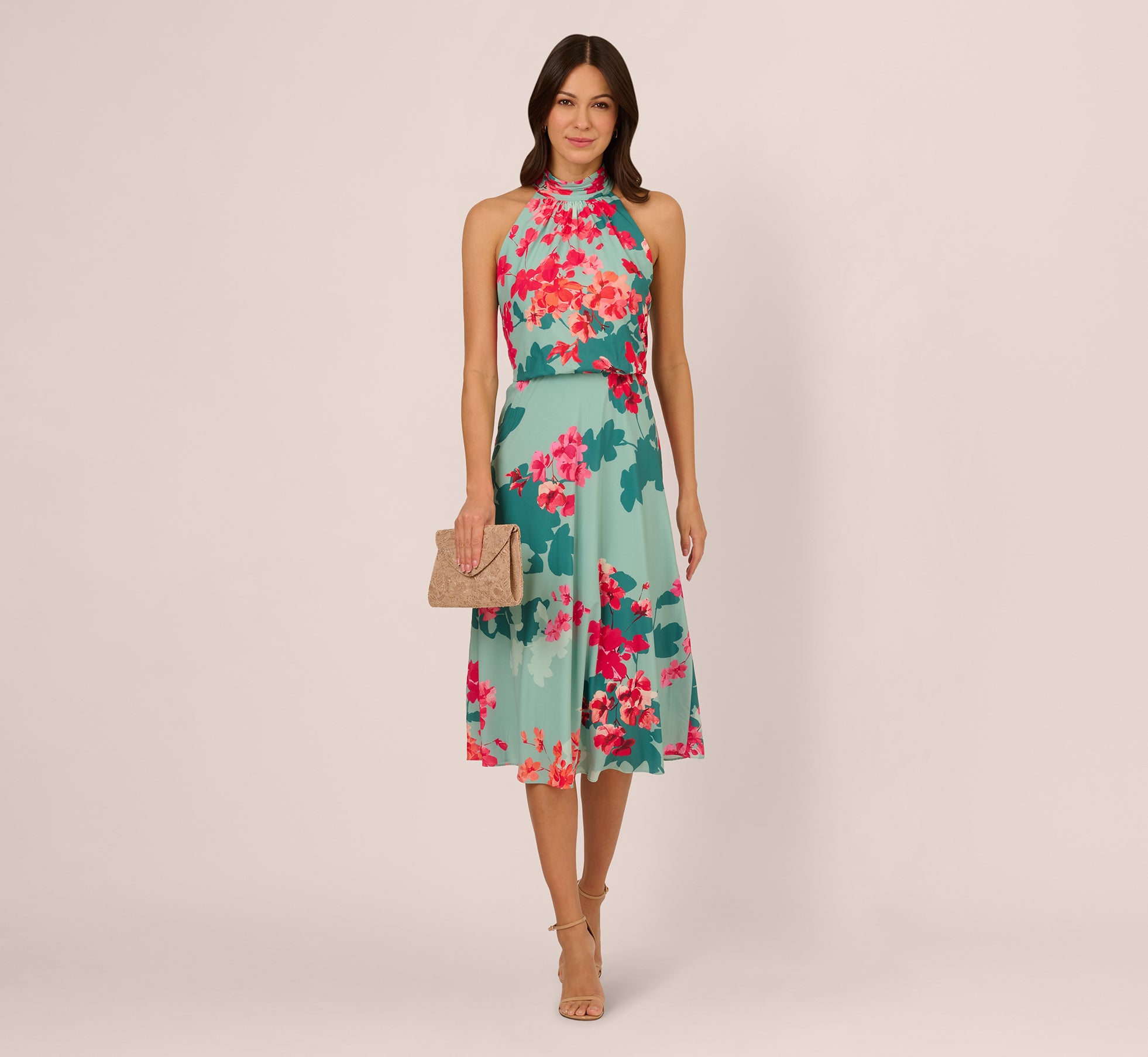 Floral Chiffon Midi Halter Dress In Turquoise Multi、mySite、solidvoid
