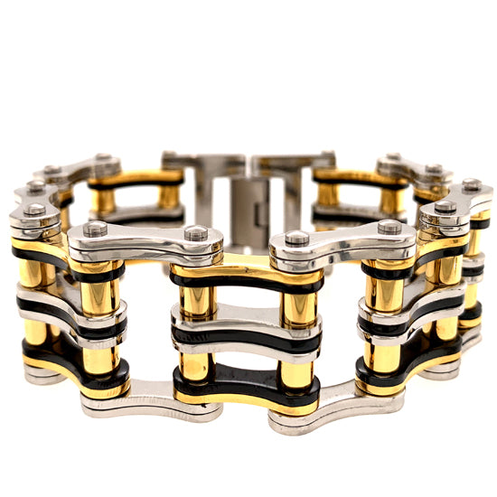 Stainless Steel Black And 18K Gold PVD Coated Double Bike Chain Bracelet / WCB1007、mySite、dreamappss