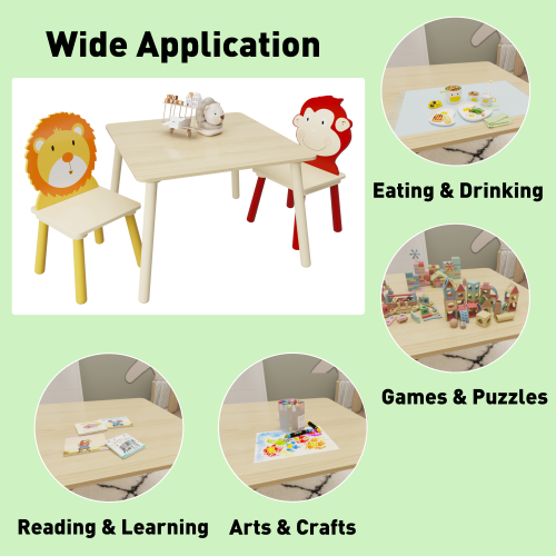 Kids Table and 2 Chairs Set, 3 Pieces Toddler Table and Chair Set, Wooden Activity Play Table Set (Lion&Monkey)、、casual