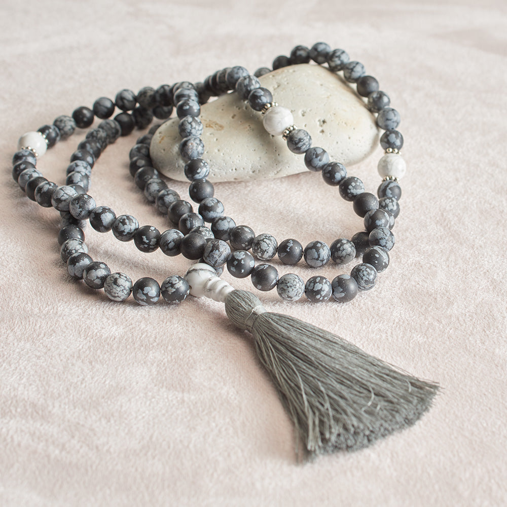 Matte Snowflake Obsidian and Dragon Vein Agate Mala, 108 beads、mySite、topwebapps