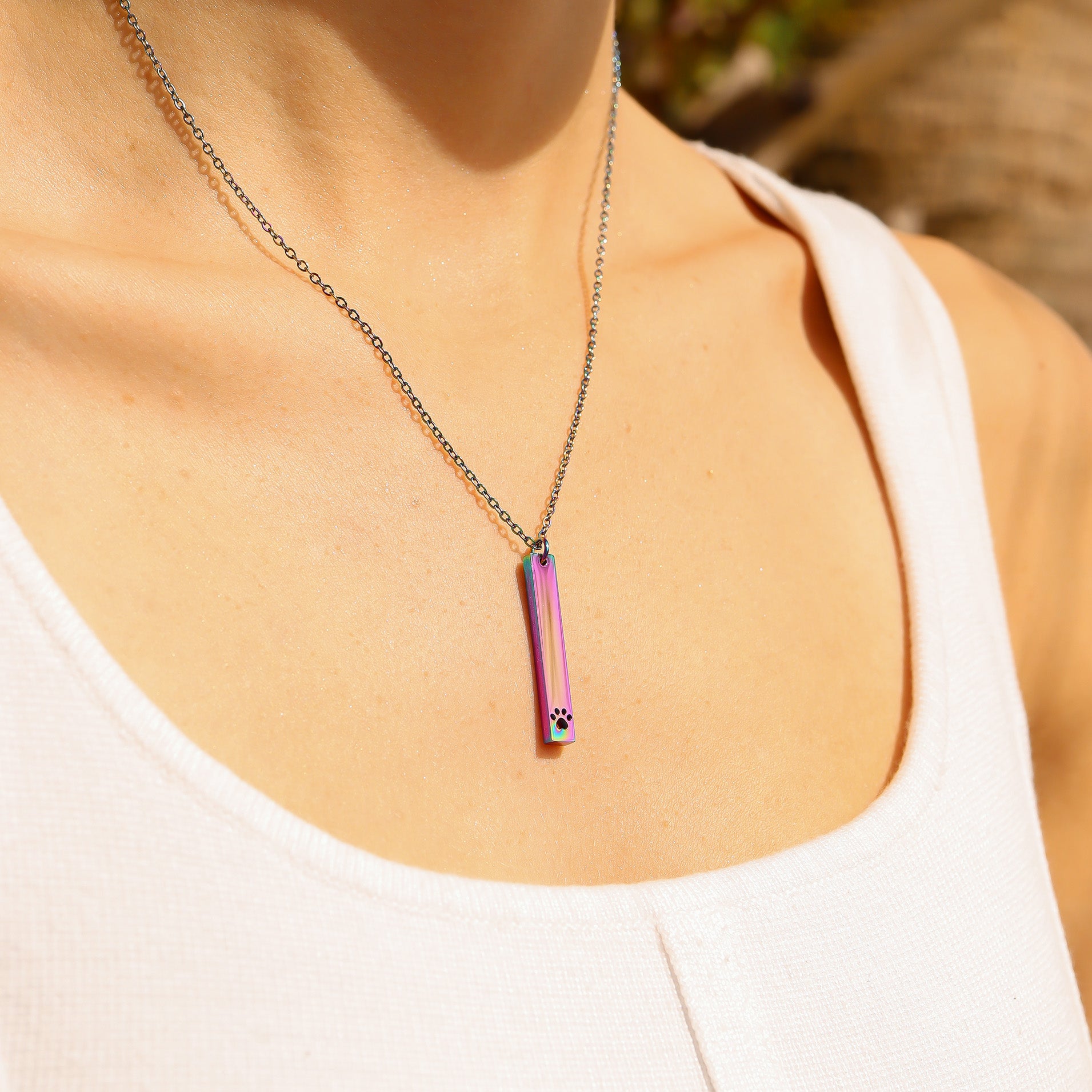 18K Gold PVD Stainless Steel Paw Print Cutout Vertical Blank Bar Necklace / SBB0300、mySite、dreamappss