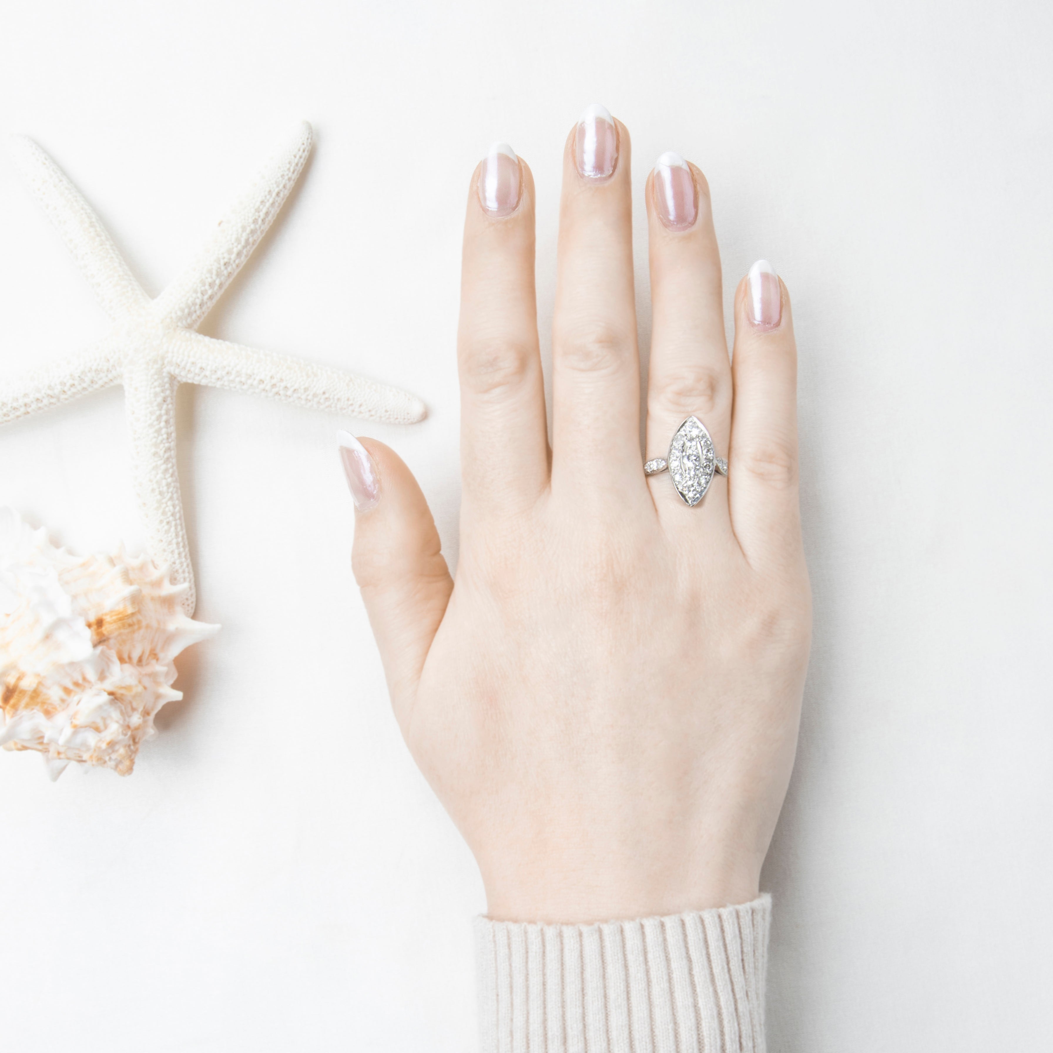 Vintage 10k White Gold .86cttw Old Mine Diamond Navette Statement Ring 4.00、mySite、hinf8tx79