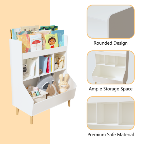 Kids Bookcase and Bookshelf, Multifunctional Bookcase with 3 Collapsible Fabric Drawers, Bookcase Display Stand, Toy Storage Organizer for Bedroom, Playroom, Hallway (White/Gray)、、casual