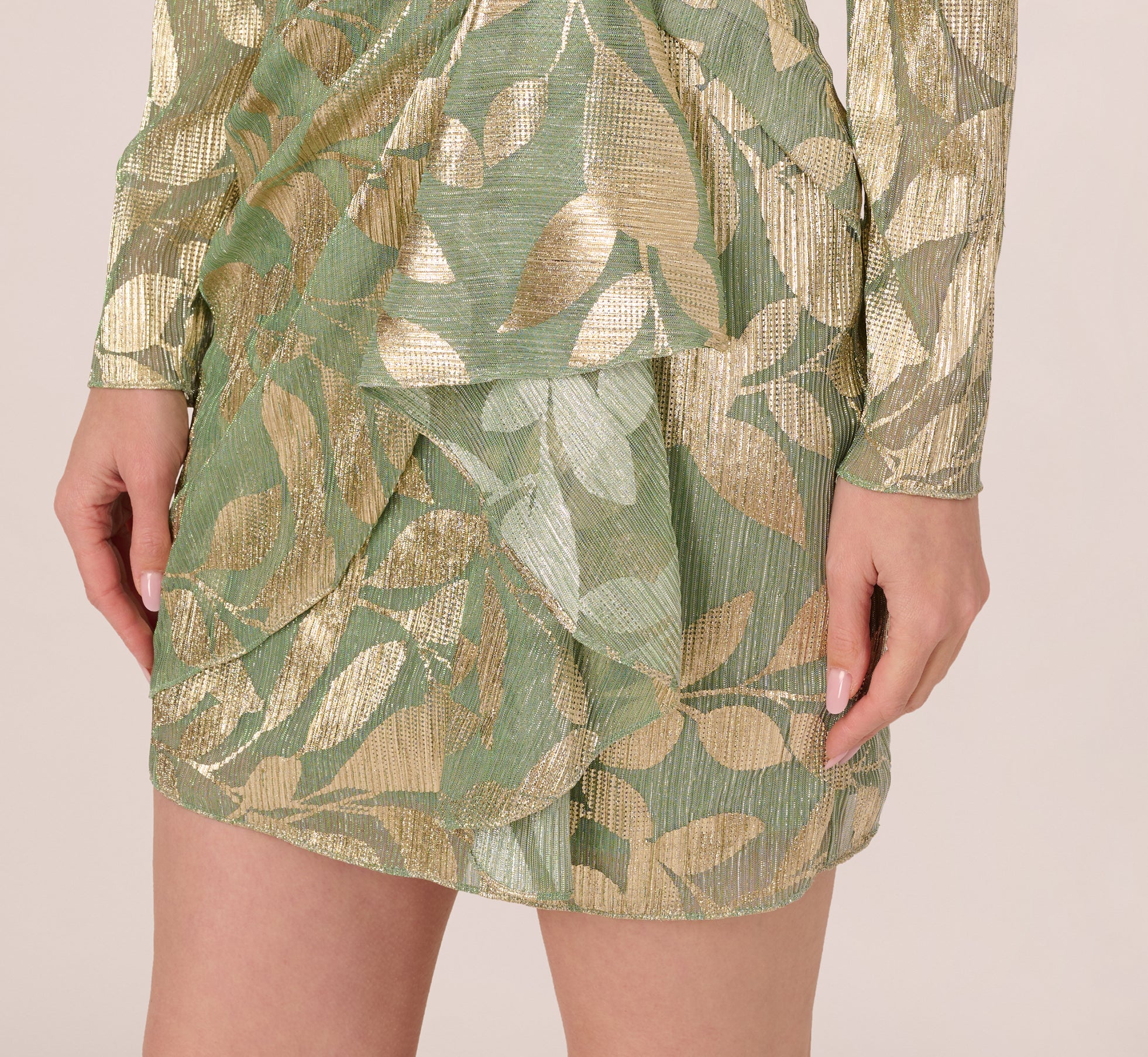 Long Sleeve Foil Short Wrap Dress In Sage Gold、mySite、solidvoid