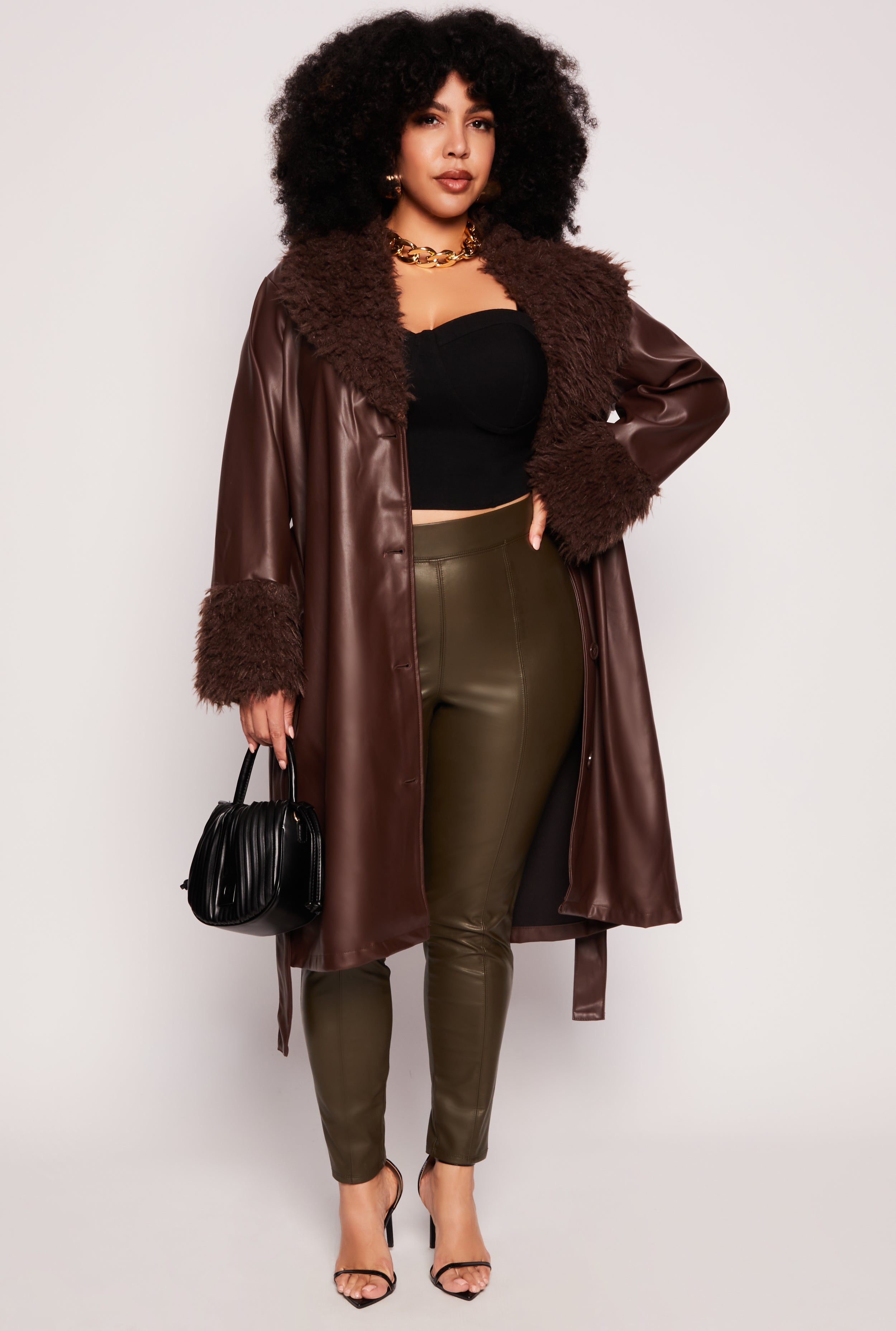 Plus Size Spoon Jeans Faux Leather Trench Coat、mySite、camillekostekn