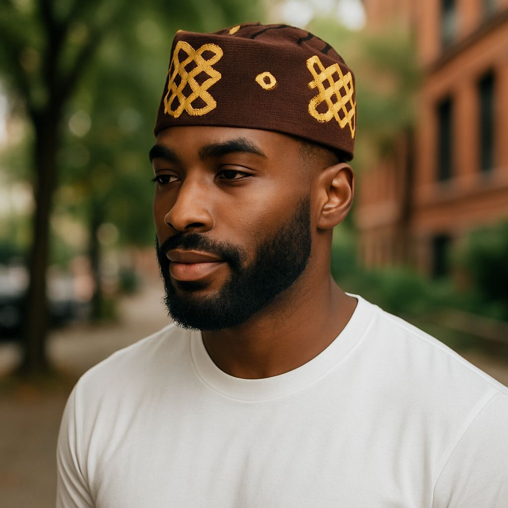 Dupsie's Wadeola Striped Brown and Gold Handwoven Aso Oke Fila kufi cap Hat DPHABG58、mySite、solidvoid