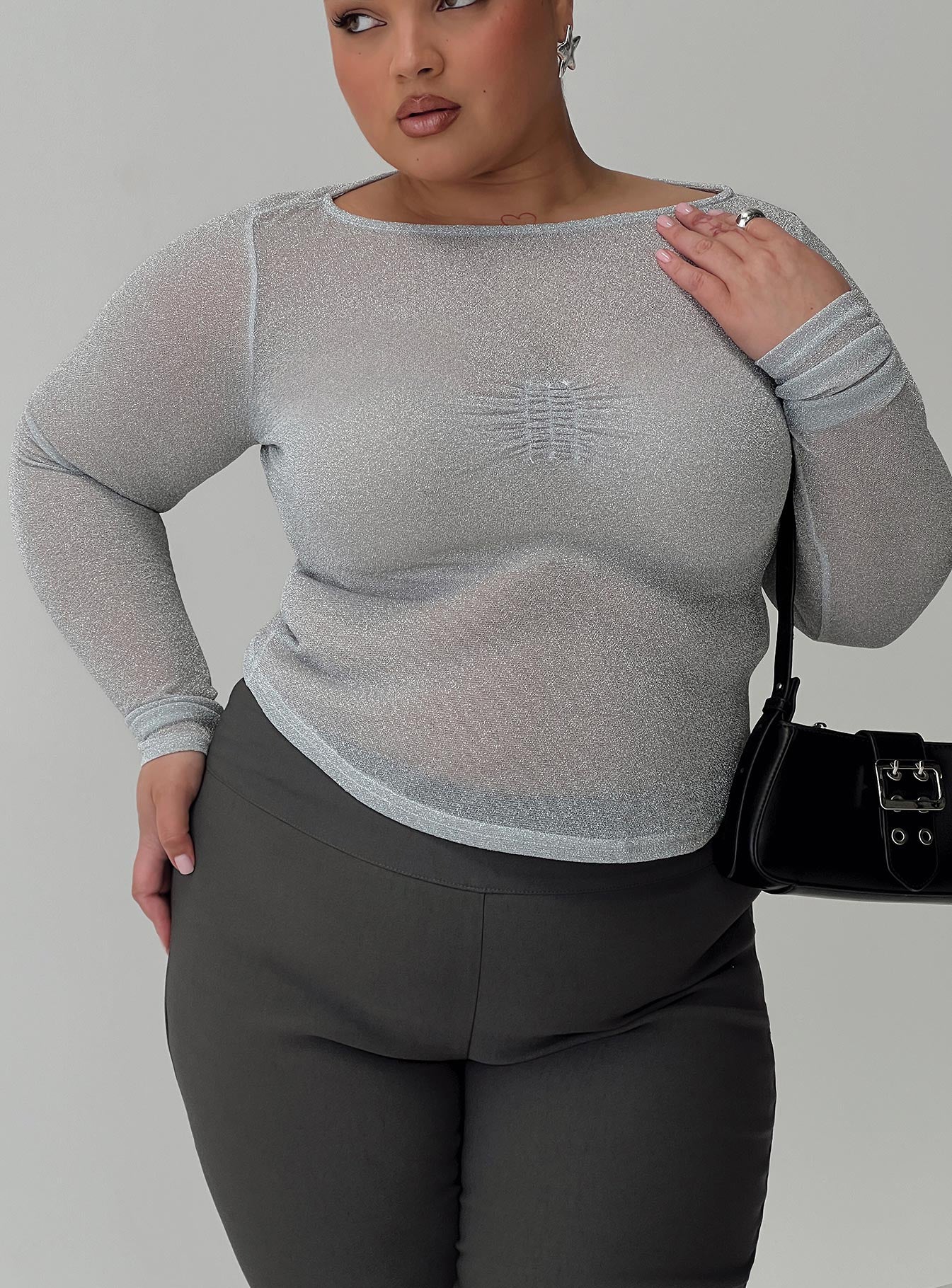 Crystal Clear Long Sleeve Mesh Top Silver、mySite、solidvoid