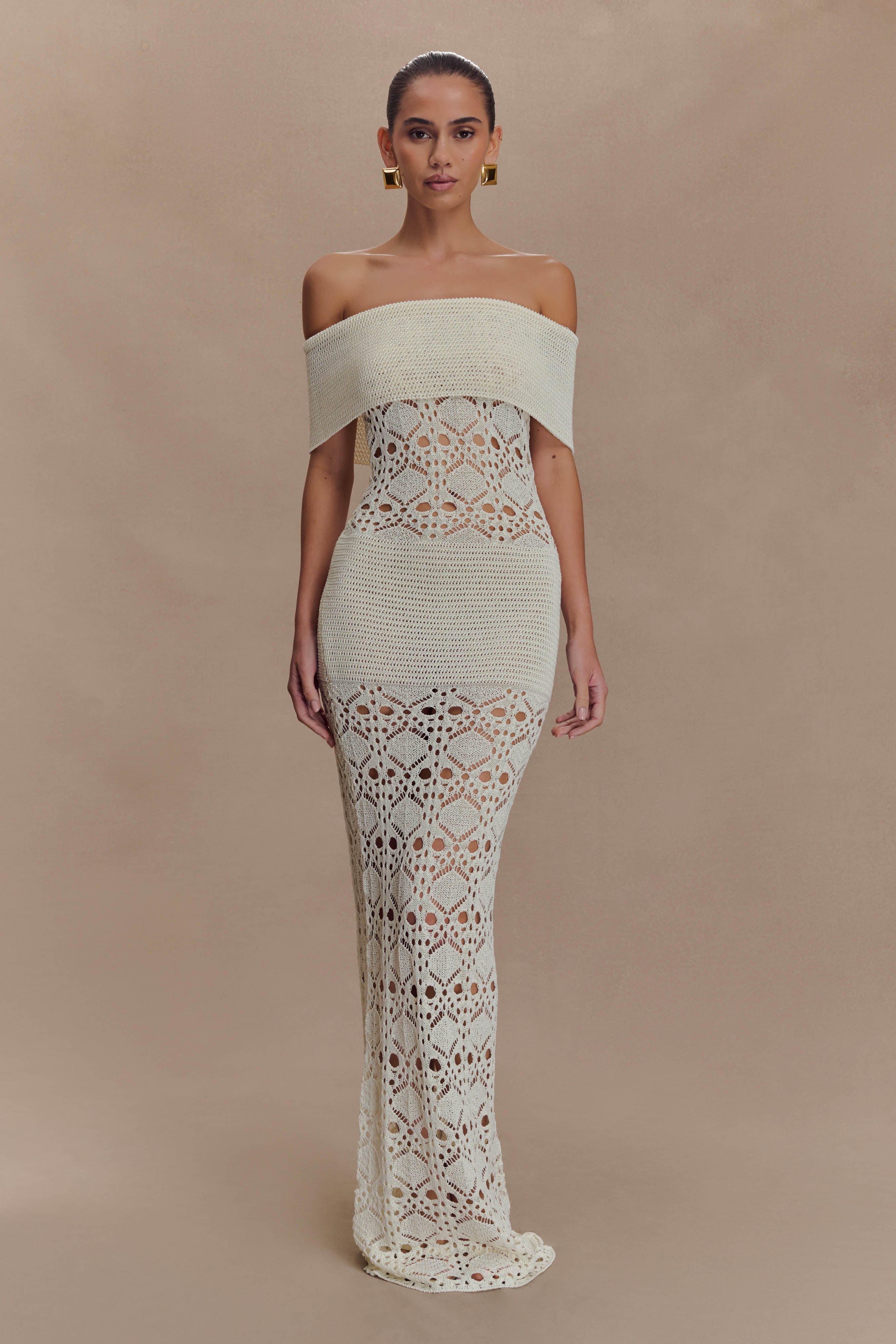 Solstice Off Shoulder Crochet Knit Maxi Dress - Ivory、mySite、solidvoid